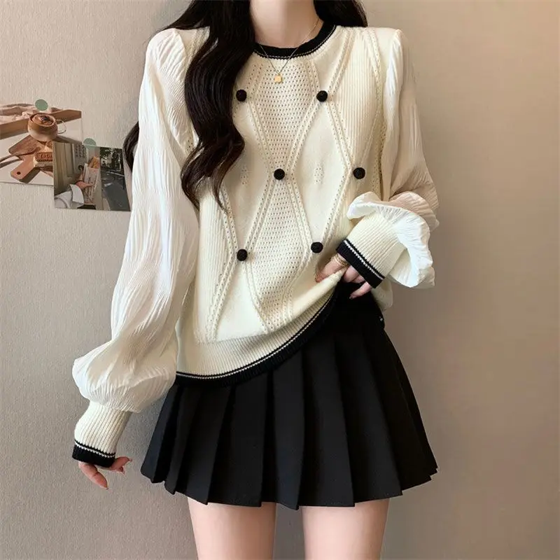 Fake Two Pieces Autumn Korean Fashion Sweater 2024 New Patchwork Chiffon Knitting Pullovers Female All-match Polka Dot Top Tee