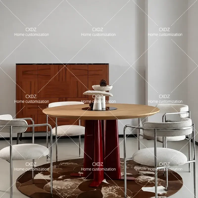 Simple Modern Solid Wood Round Dining Table Antique Style Creative Red Wooden Table for Home Kitchen Restaurant Furniture