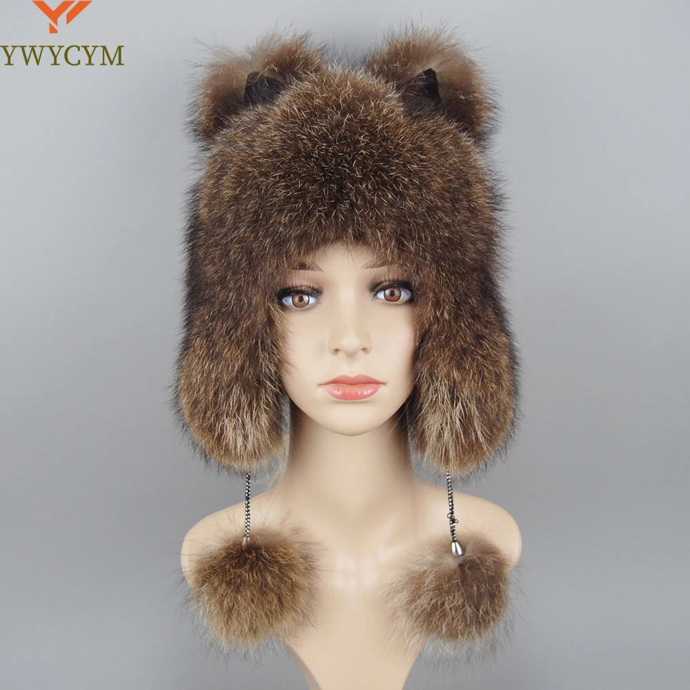 Winter Warm Ladies 100% Real Raccoon Fur Hat Russian Real Raccoon Fur Bomber Hats With Ear Flaps For Women Genuine Real Fur Caps