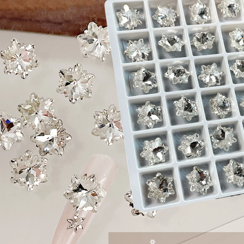 10Pcs Pointed Bottom Snowflakes Zircon Crystal Rhinestones Nail Charm Luxury Nail Jewelry Decoration 8-12mm Sparkle Diamond Gems