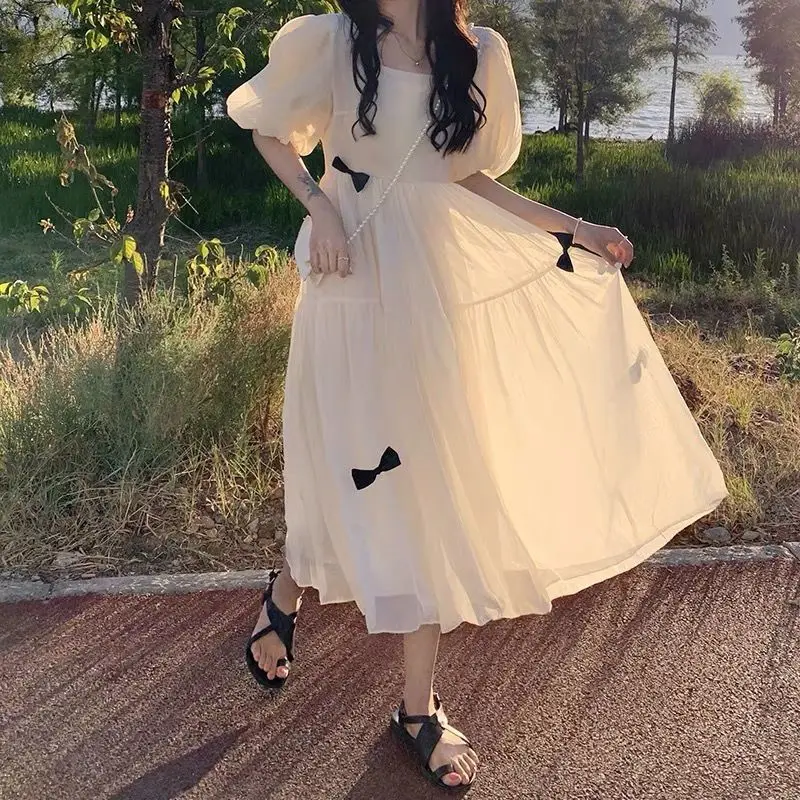 First Love Wind Women 2024 Summer Square Neck Bow Puff Sleeve Short Sleeve High Waist Chinese Bellflower Elegant A-line Dress