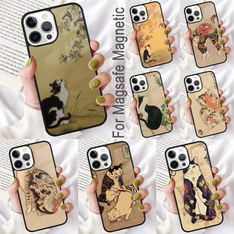 Vintage Japanese samurai cat tattoo cat Magnetic Soft Phone Case for iPhone 16 Promax 15 Pro 13 14 Plus 11 12 Mini MagSafe Coque