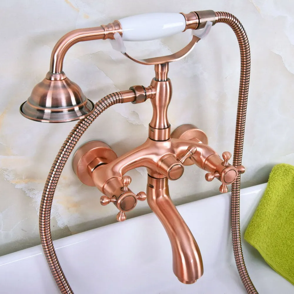 antique red copper dual cross handles torneira de banheira wall mounted swivel spout com handshower tub mixer tap 01