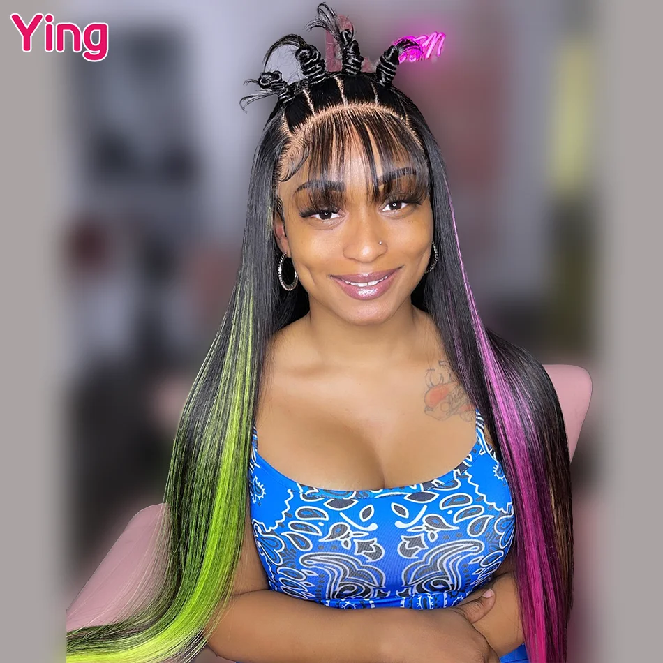 Ying Pink Green Highlight  200% Bone Straight 13x6 Transparent Lace Front Wig Ying 13x4 Lace Front Wig PrePlucked With Baby Hair