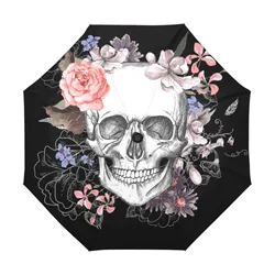 Flowers Skull Umbrella Women Foldable Rain Umbrella Hand Open Wind Resistant Windproof Travel Umbrella