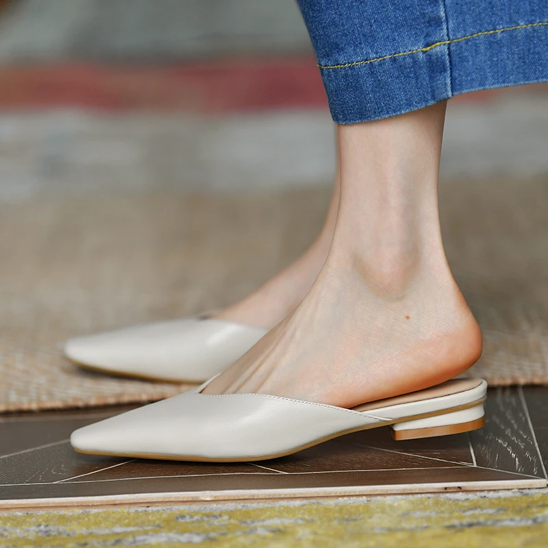 Women’s Mules Shoes Cow Leather Flats Slip on Outdoor Slippers Sexy Snakegrain Summer Spring Autumn Flat Heels Closed Toe