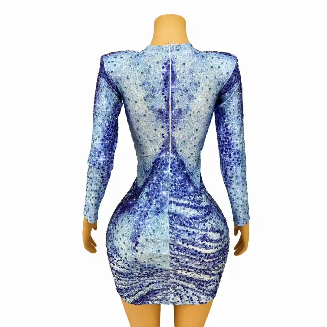 Denim 3d Printing Hot Diamond Slim Dress Singer Stage Performance Suit Night Club Party Gogo Particle Lead Suit