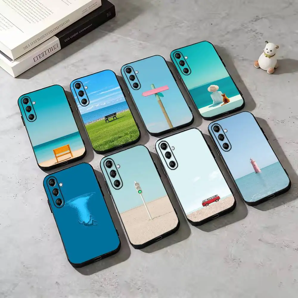 Minimalist Pastel Ocean Beach Phone Case For Samsung Galaxy A73,A72,A71,A70,A53,A52,A51,Others Soft Black Cover