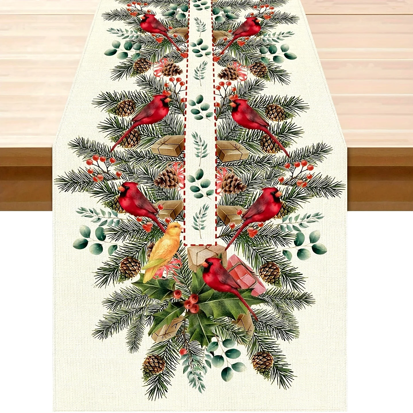 Polyester Table Decoration For Home Christmas Holiday Polyester Table Runner With Cardinal Bird & Pine Tree Design, Woven Rectan