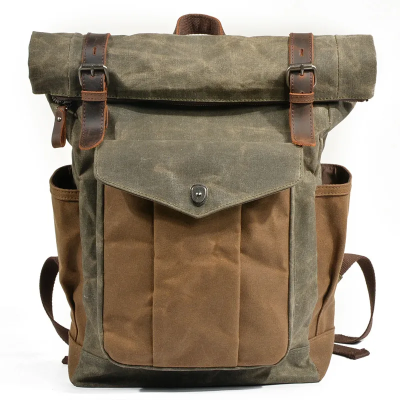 Luxury Waxed Canvas Backpacks for Men Roll Hem Design Large Waterproof Travel Daypack Hiking Bag Laptop School bag Retro Bagpack