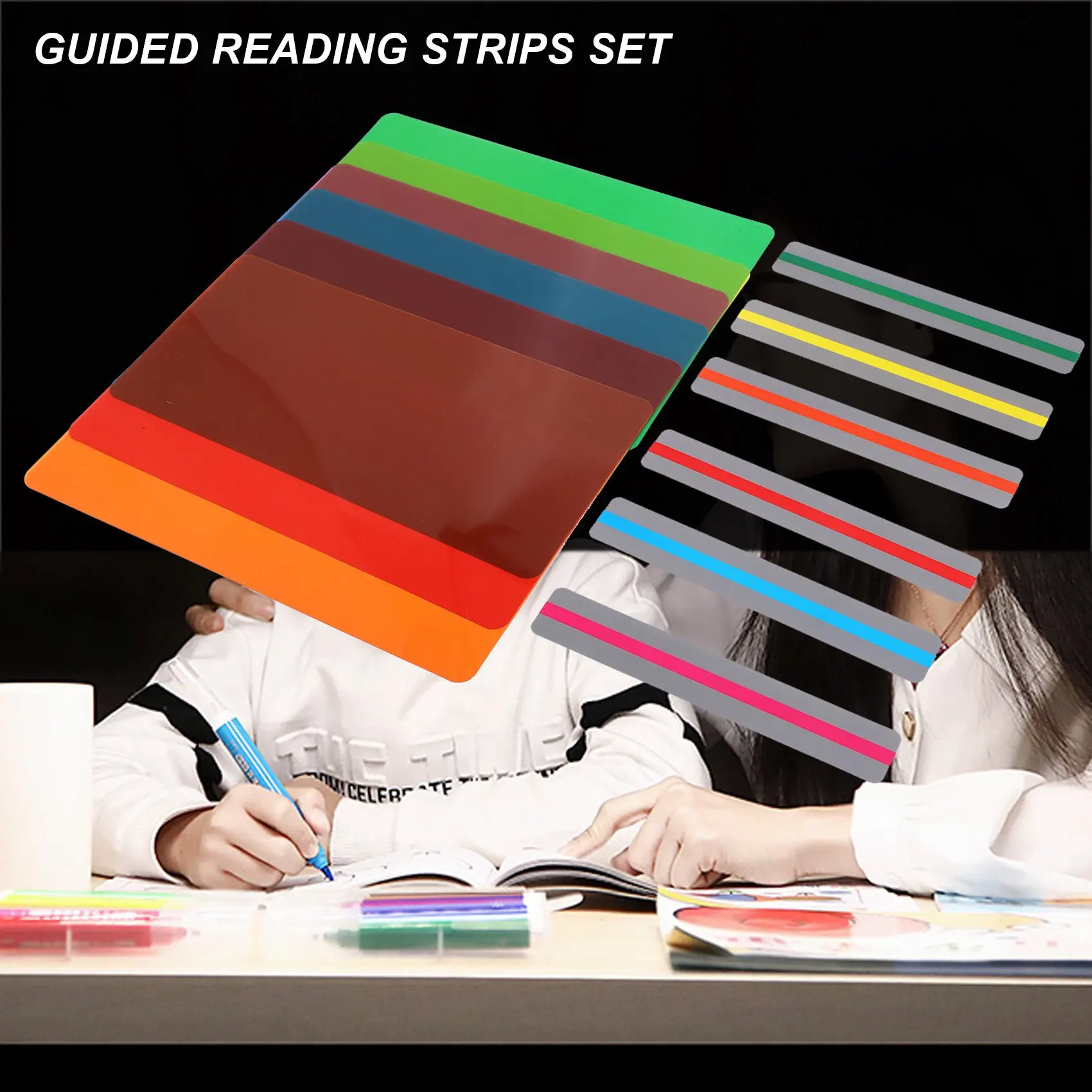 Classic-12 Pcs Guided Reading Strips Set Colored Overlays Dyslexia Tools Correction Gels Lighting Filter Plastic Sheets Bookmark