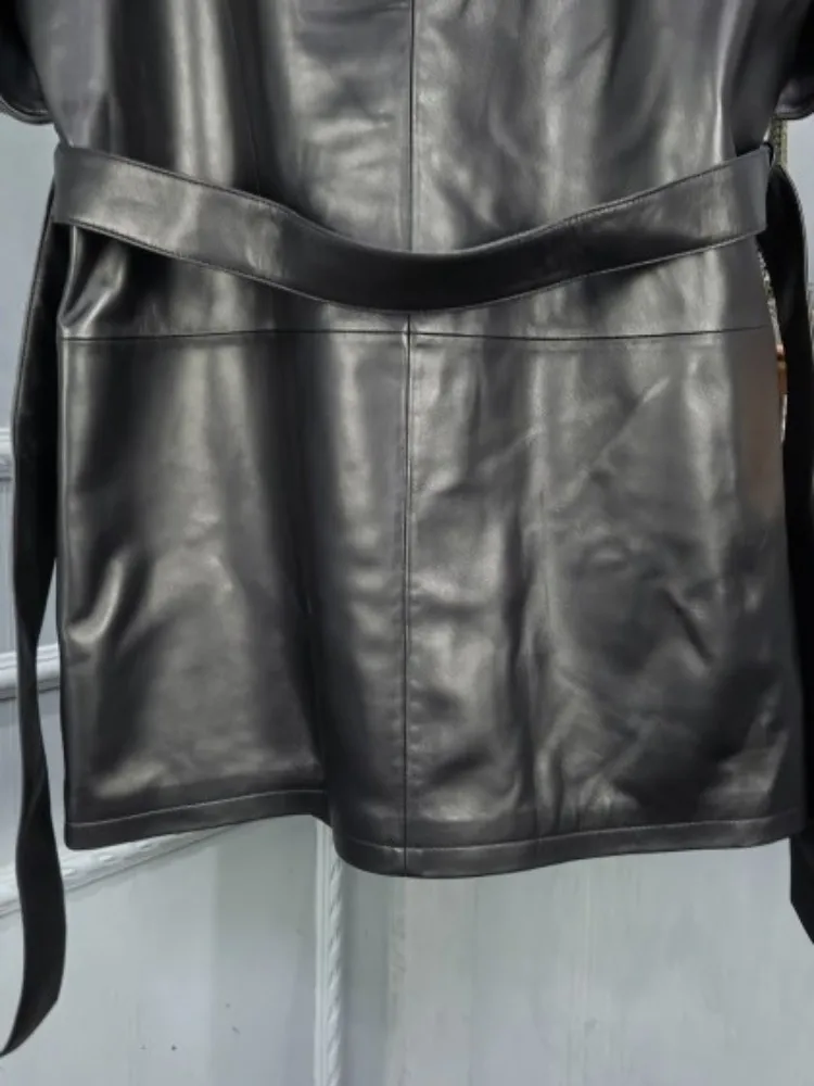 Büro Weibliche Echtes Leder Anzug Kragen Einfarbig Jacke Lose Schaffell Kurzen Ärmeln Zipper Schärpen Tasche Oberbekleidung