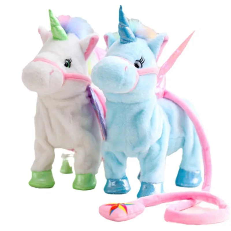 Unicornio caballo de peluche eléctrico para niños, Robot de peluche con música, juguetes para niñas, caminar, hablar, regalos para niños, 35cm