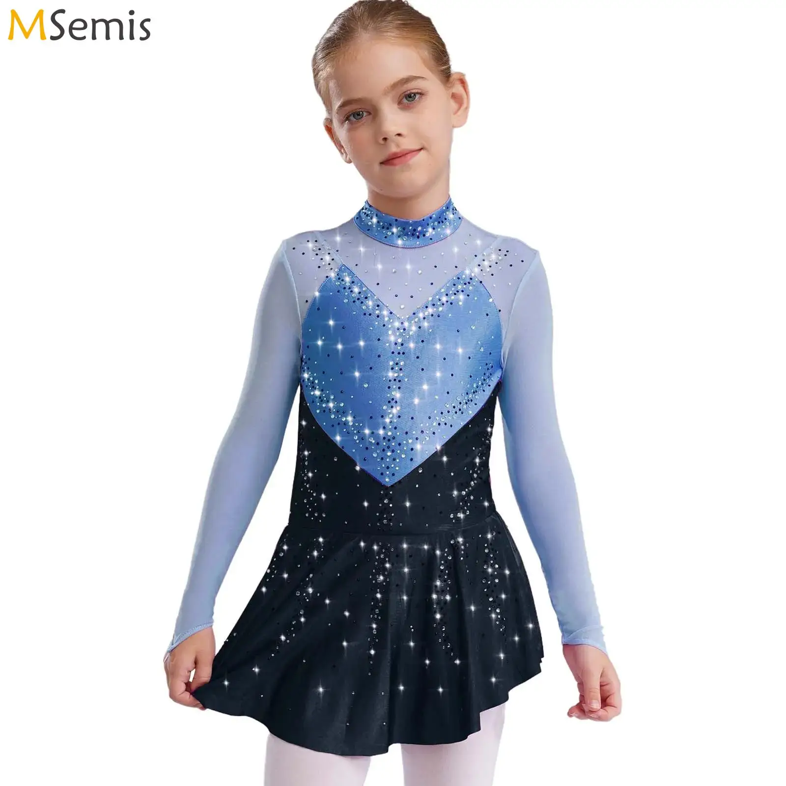 Girls Ballet Figure Skating Dress Long Sleeve Shiny Rhinestones Gymnastics Leotard Tutu Professional Modern Lyrical Dance Dress