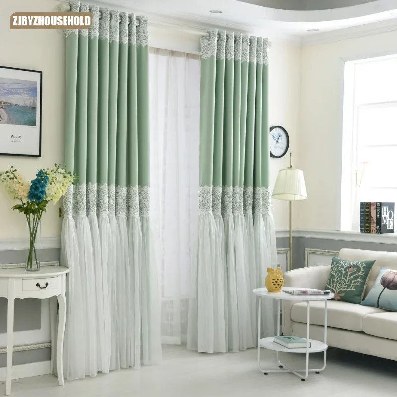 New French Romantic Princess Style Green Lace Stitching Blackout Curtains for Living Dining Room Bedroom  Finished Partition