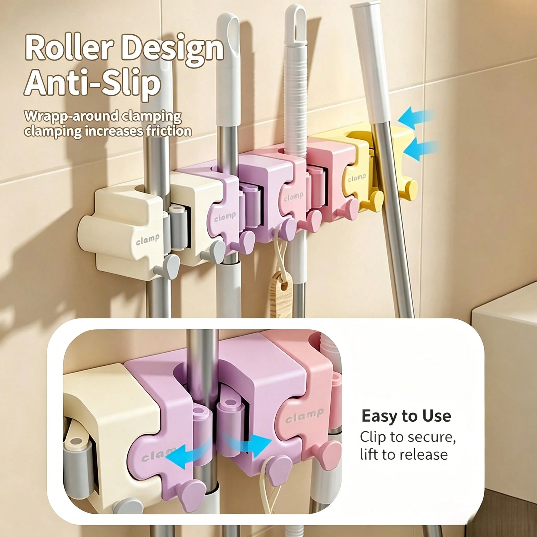 1pc/4pcs Puzzle Splicing Mop Broom Holder No‑Drill Wall‑Mount Macaron Self‑Adhesive Mop Clip w/ Hooks for Bath Kitchen Storage - view 2