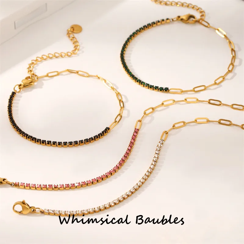 

Fashion White Black Green Zircon Bracelet 18K Gold Plated Stainless Steel Chain Tennis Bracelet for Women Jewelry Gifts