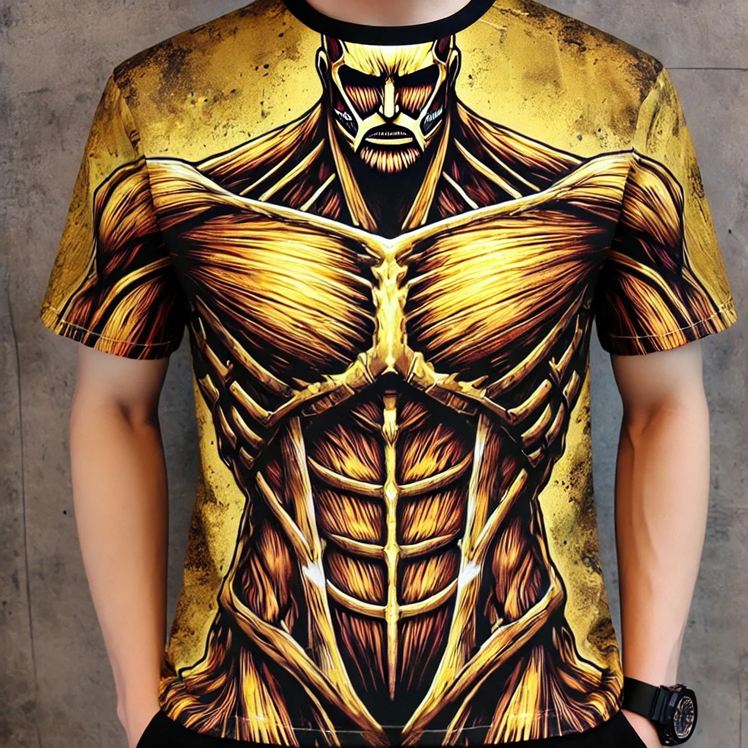 

2025 New Arrive Style Cosplay T-Shirt Attack on Titan Gold Armor & Gold-Yellow Muscle Design Man Women Fashion Tee