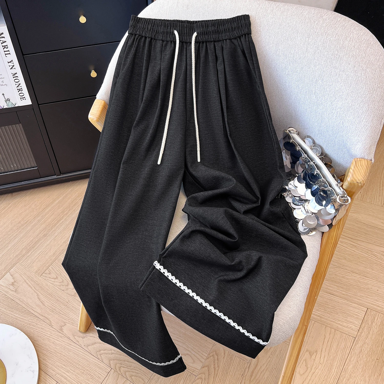 Autumn 2025 New Sle Women's Wide Leg Jeans Casual High Waist  Denim Lace Design Color Blo Dstring Straight Cut