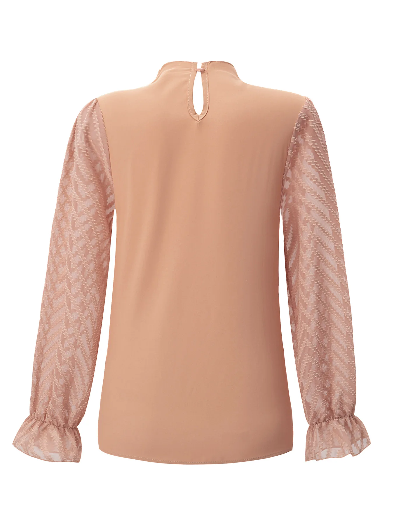 New Spring and Autumn solid color half-high collar symmetrical folded splicing wave pattern ruffled long-sleeved gauze mesh top