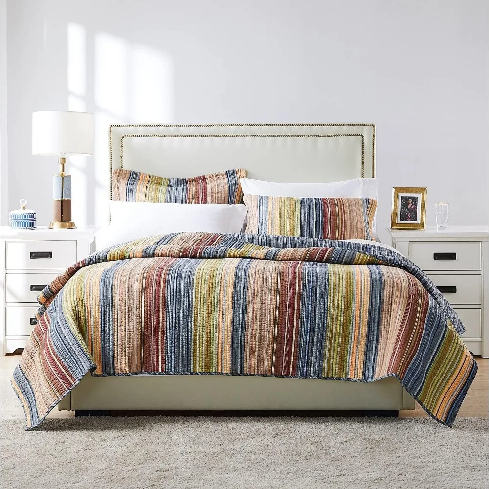 Greenland Home Katy 100% Cotton Reversible Stripe Quilt Set, 3-Piece Full/Queen, Multicolor