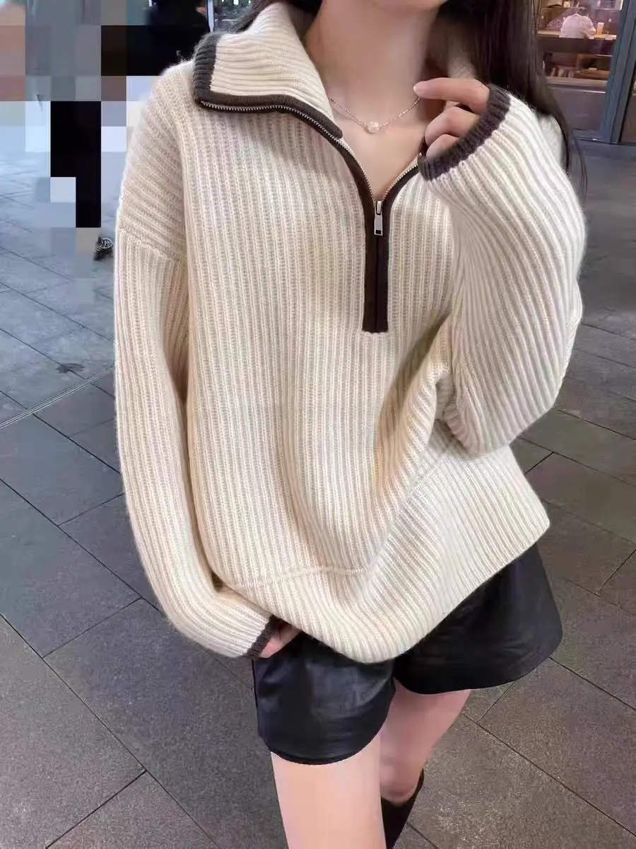 

Merino 100% Wool Women's Pullover High Collar Half Zipper Autumn/Winter Casual Fashion Knitted Cashmere Sweater