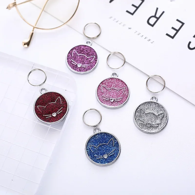 Dog Tags Engraved Cat Puppy Pet ID Name Dog Collar Tag Pendant Cat Face Pet Accessories Glitter Random Color