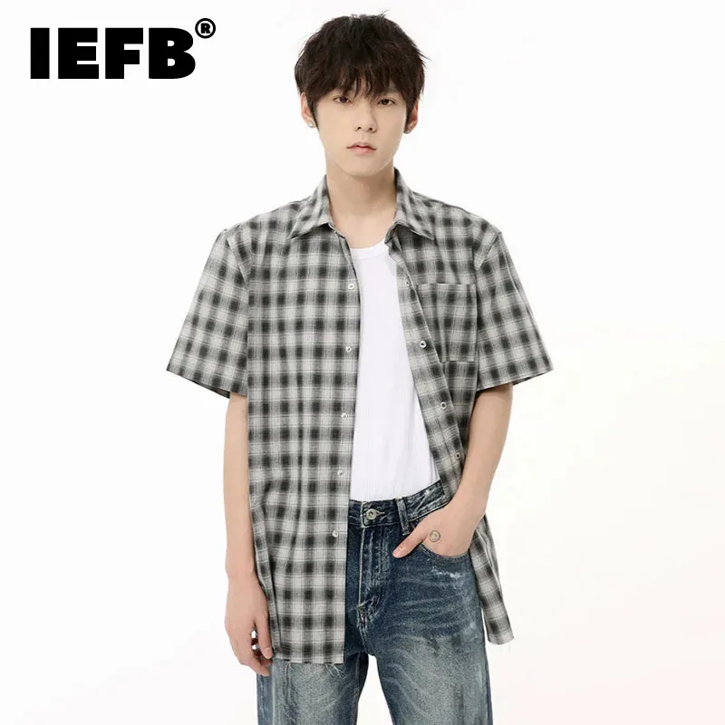 

IEFB Minimalist Men's Plaid Shirts Pockets Single Breasted Turn-down Collar Short Sleeve Male Clothing New Trend Summer 9C6714