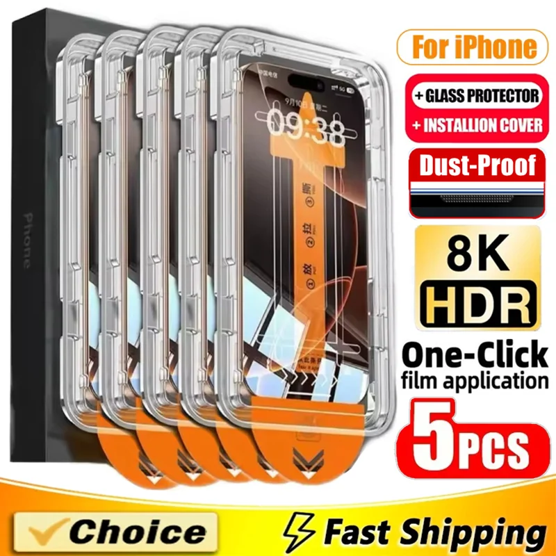 

5Pcs For iPhone 16 15 14 13 12 11 17 Pro Max XR X XS 7 8 16 Plus Oleophobic Coating Dust Free Easy Installation Screen Protector