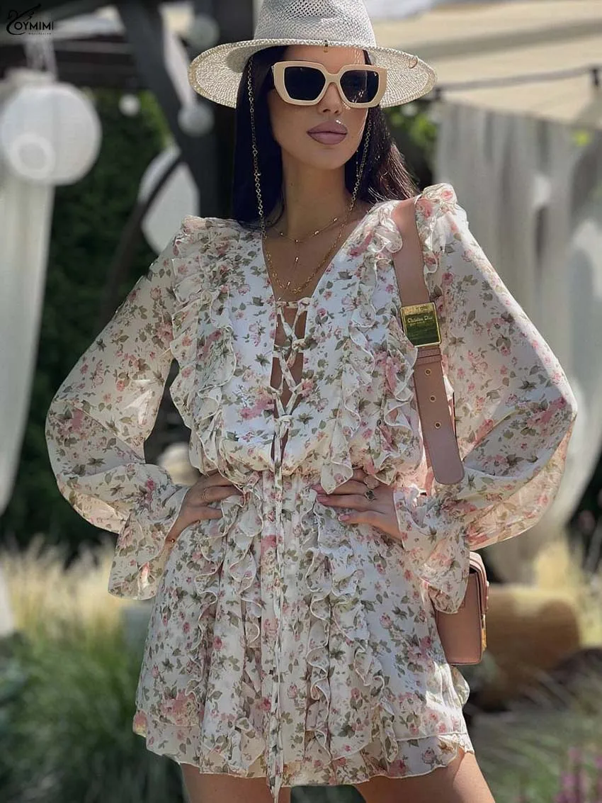 

Oymimi Fashion White Print Womens Dresses Summer V-Neck Long Sleeve Ruffled Dresses Elegant Lace-Up High Waist Mini Dress Female