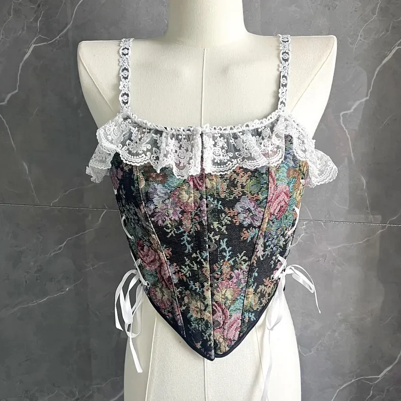 

French fairy lace tulle splicing breathable design corset, Bohemian style suspender flower cardigan buckle lace corset