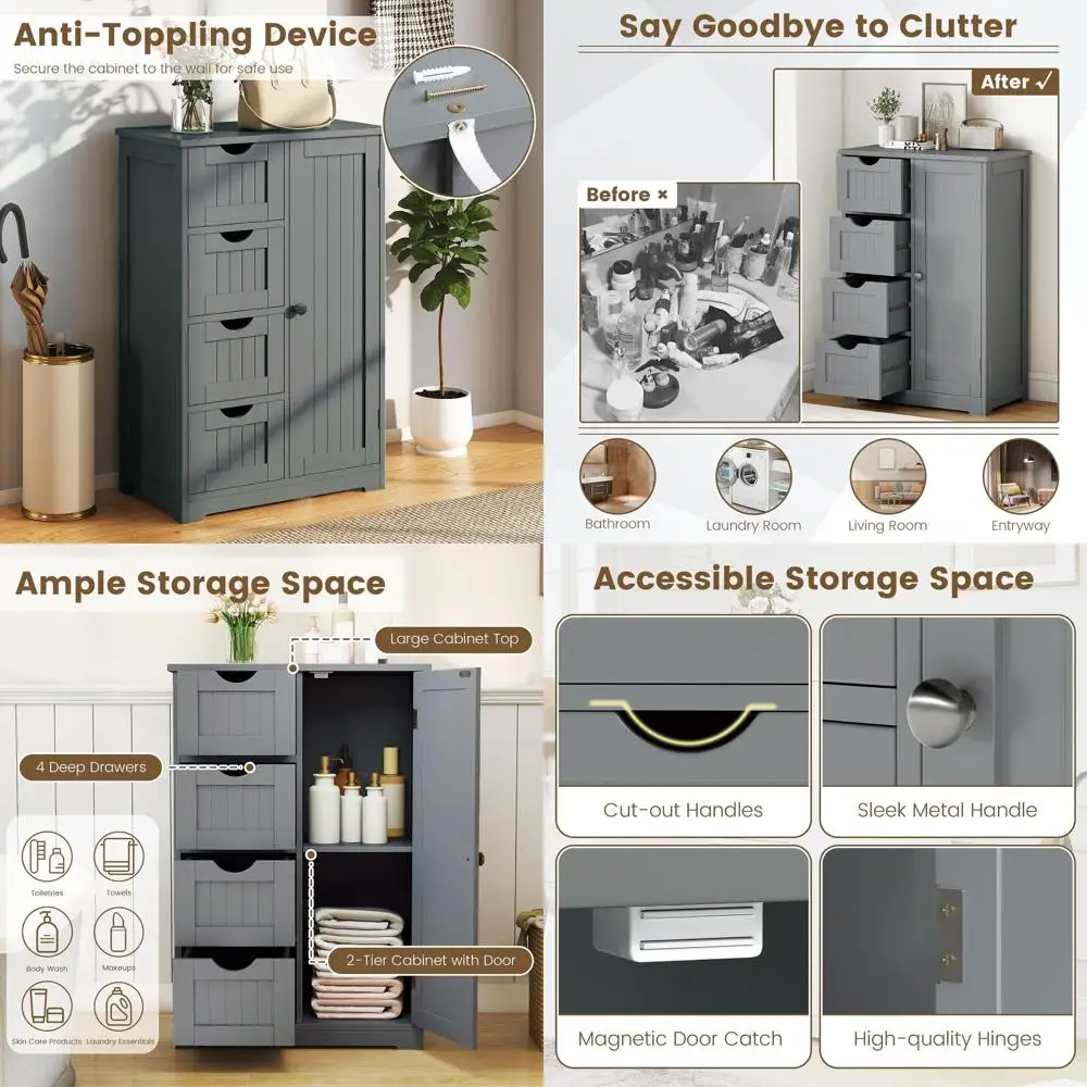 

Space-Saving Wooden Storage Cabinet with 4 Drawers and 1 Door, Grey, 22 x 12 x 32 for Bathroom, Living Room, Kitchen