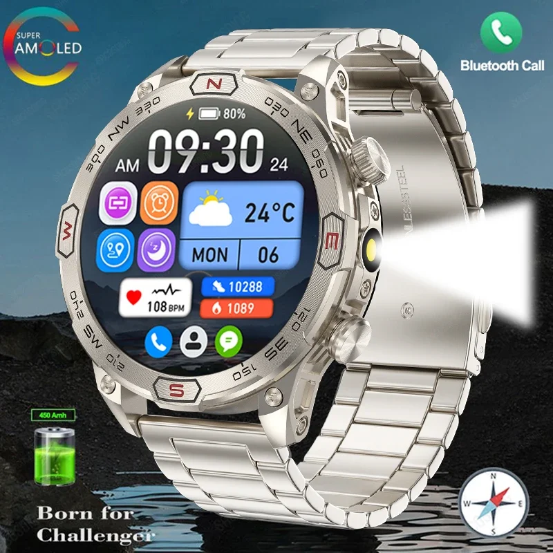 Fashion Smart Watch 466*466 AMOLED 1ATM Waterproof Outdoor Flashlight Compass Clock HD Bluetooth Call GPS Track Sport Smartwatch