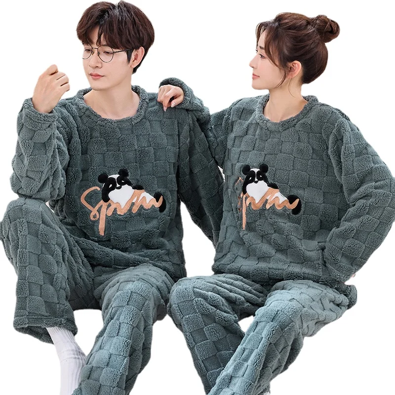 

Winter Thick Flannel Pajamas Set for Couple Kawaii Cartoon Pajama Warm Sleepwear for Lovers Man and Woman Round Collar Pijamas