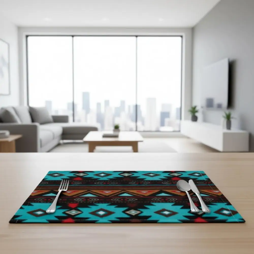 

Set of 6 Heat-Resistant Aztec Place Mats, Ideal for Dining, Cafe, and Desk, Featuring Native American Navajo Turquoise Style