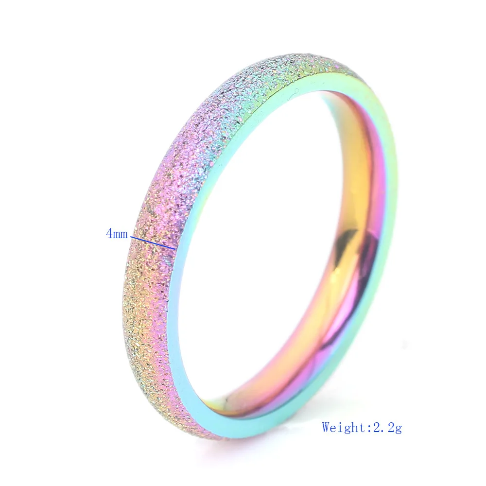 Iridescent Rainbow Sparkle Sand Thin Band Unisex Stainless Steel Finger Ring Hypoallergenic Stackable Daily Jewelry For Ladies