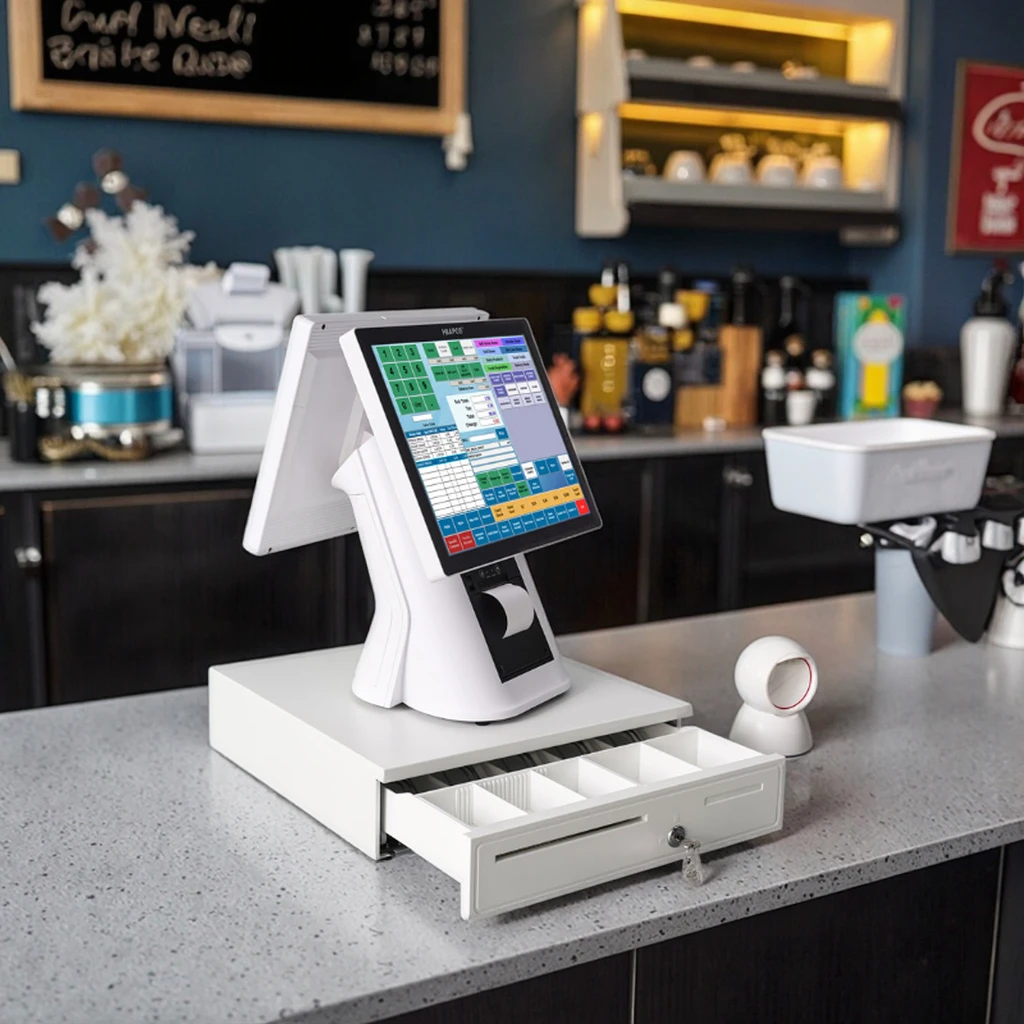 

Очень популярная недорогая POS-система с двумя экранами для кассовых аппаратов ATV&UTV, настольный кассовый аппарат для розничной торговли и ресторанов со встроенным принтером 80 мм