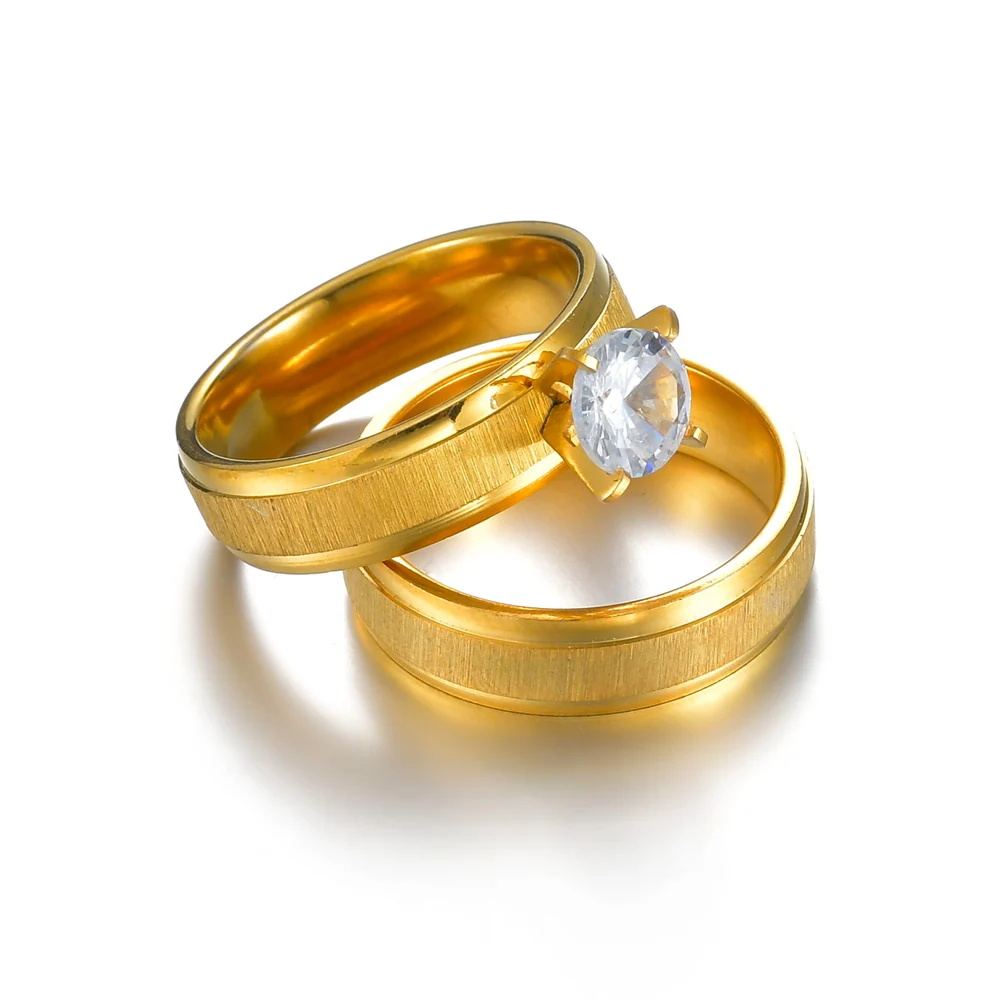 Stainless Steel Wedding Ring For Couples Gold Color Crystal Lovers Rings Set Men Women Engagement Wedding Rings Anillos Mujer