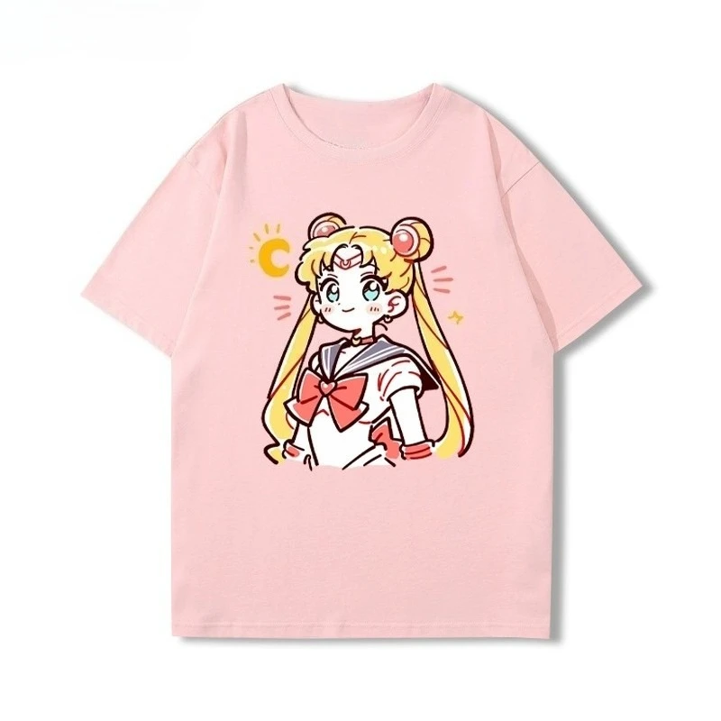 Bandai Summer Cute Sailor Moon Anime Print T-shirt Men Women Japanese Style Casual All-match Tee