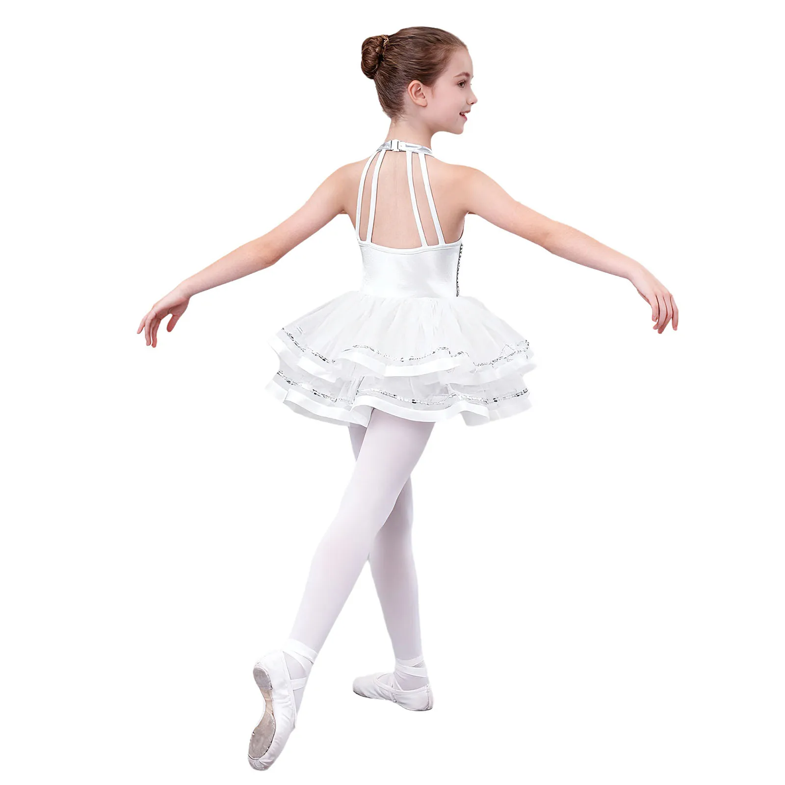 Glitzerndes Pailletten-Ballett-, Jazz- und Stepptanzkostüm für Mädchen, mit Neckholder-Oberteil und mehrlagigem Tüllrock für Wettbewerbe. – Detail 4