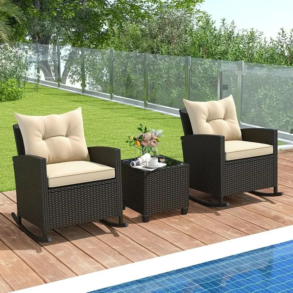3-Piece Outdoor Wicker Patio Furniture Set with Rocking Chairs and Glass Top Coffee Table, Ideal for Balcony, Garden, Deck, and