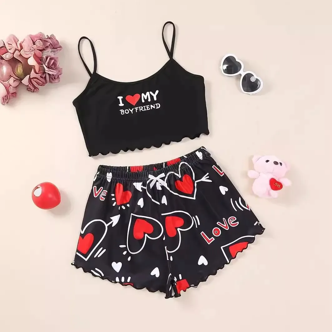 Women\'s Valentine\'s Day Pajama Set with Heart  Slogan Print Lettuce Trim Crop Cami Top  Elastic Shorts Comfortable Sleepwear