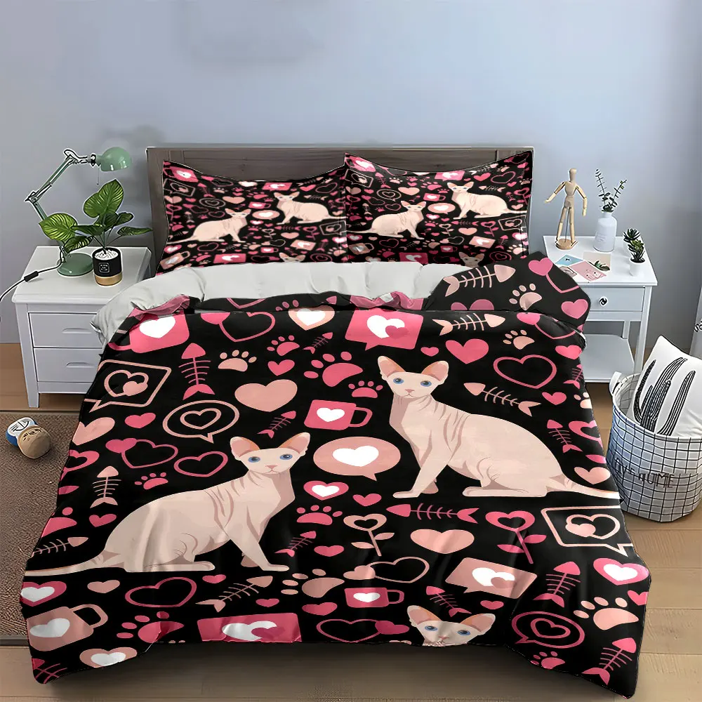 Sphynx Cat Pink Heart Fishbone Duvet Cover Set, Black Base Gothic Girly Bedding Includes 1 Duvet Cover And 2 Pillowcase, Gift