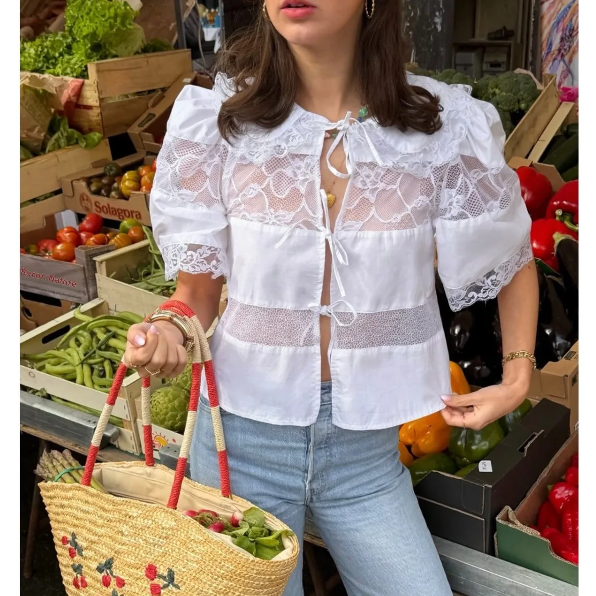 

Элегантный топ с короткими рукавами и кружевными вставками, женский модный дизайн, летний новый стиль, корейский стиль, прямой крой, рукава-фонарики, фасон «кукла»