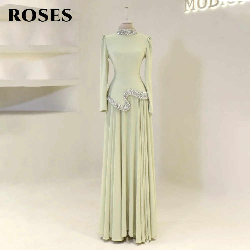 

ROSES Mint Green Evening Dresses Full Sleeve Satin Formal Occasion Dresses Pleats High Party Dresses with Crystals Customized