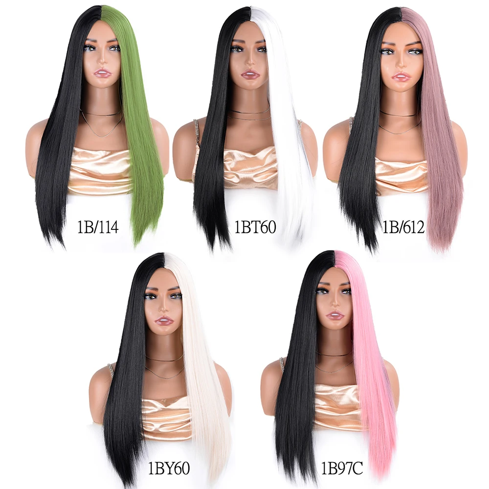 Peruca cosplay de cabelo liso sintético com franja para mulheres, longo, rosa, vermelho, resistente ao calor, halloween, 28"