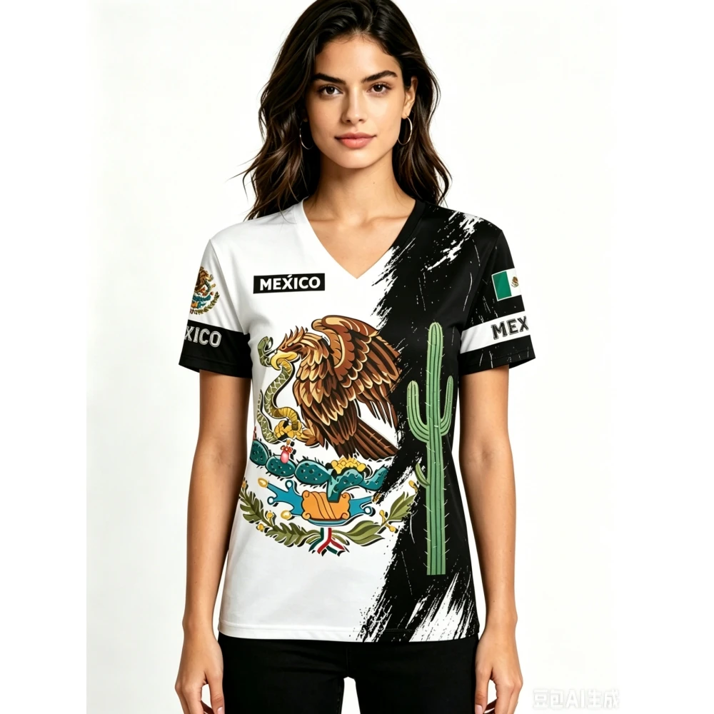 Fashion Customize Name Print T Shirt For Women Mexico National Flag Eagle Pattern Short Sleeve Tee Summer V-neck Female Clothing view 6