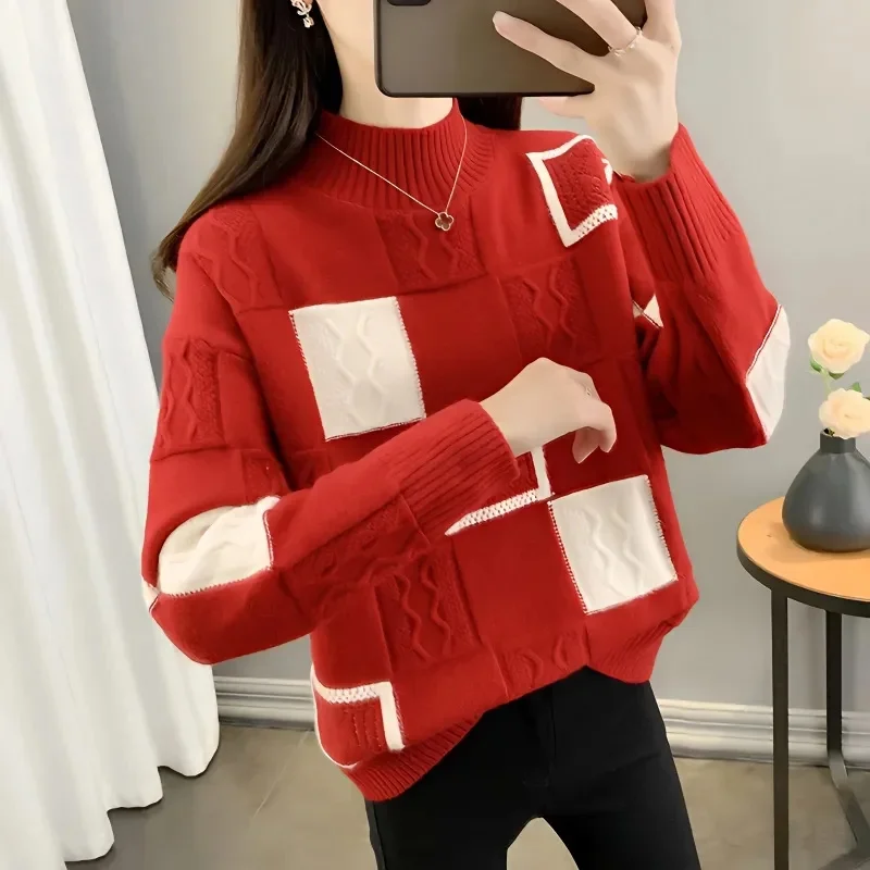 Female Chessboard Grid Sweater Women Pullover Long Sleeved Knitting Autumn Winter Ladies Half High Collar Long Sleeved Knitwear