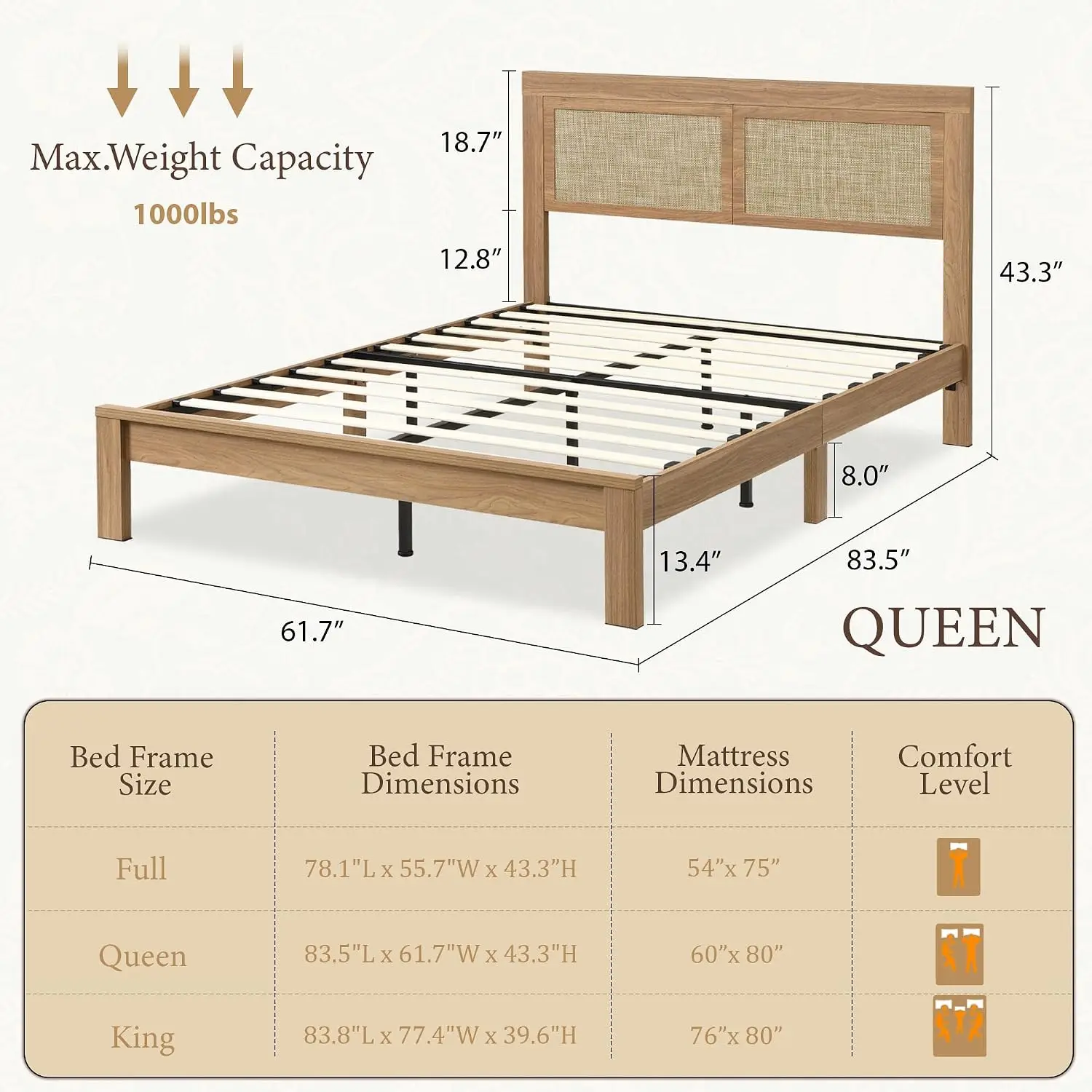 Boho Queen Wood Bed Frame Rattan Headboard Support Slats Noise-Free No Box Spring Easy Assembly Under Storage, Customized