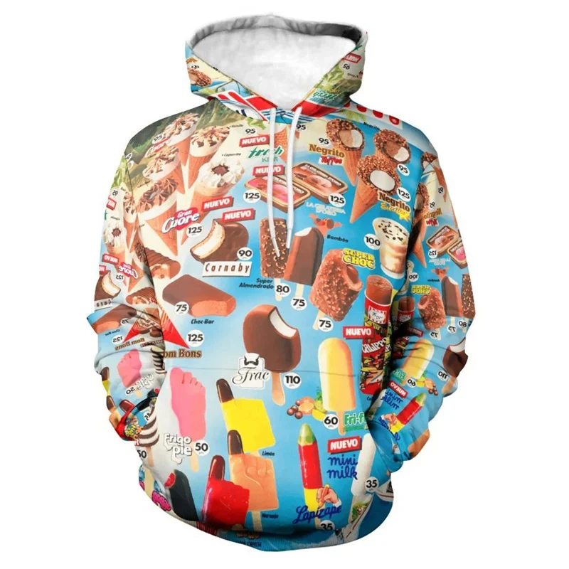 Ice Cream Pattern Hooded Sweatshirts For Men Popsicle 3D Printed Long Sleeves Autumn Casual Street Tops Hoodies Loose Pullovers